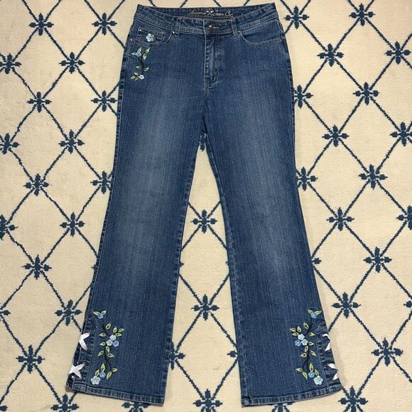 American Vintage Denim - Arizona Jean Co. Vintage Y2K Floral Embroidered Lace Up Flare Denim Jeans
